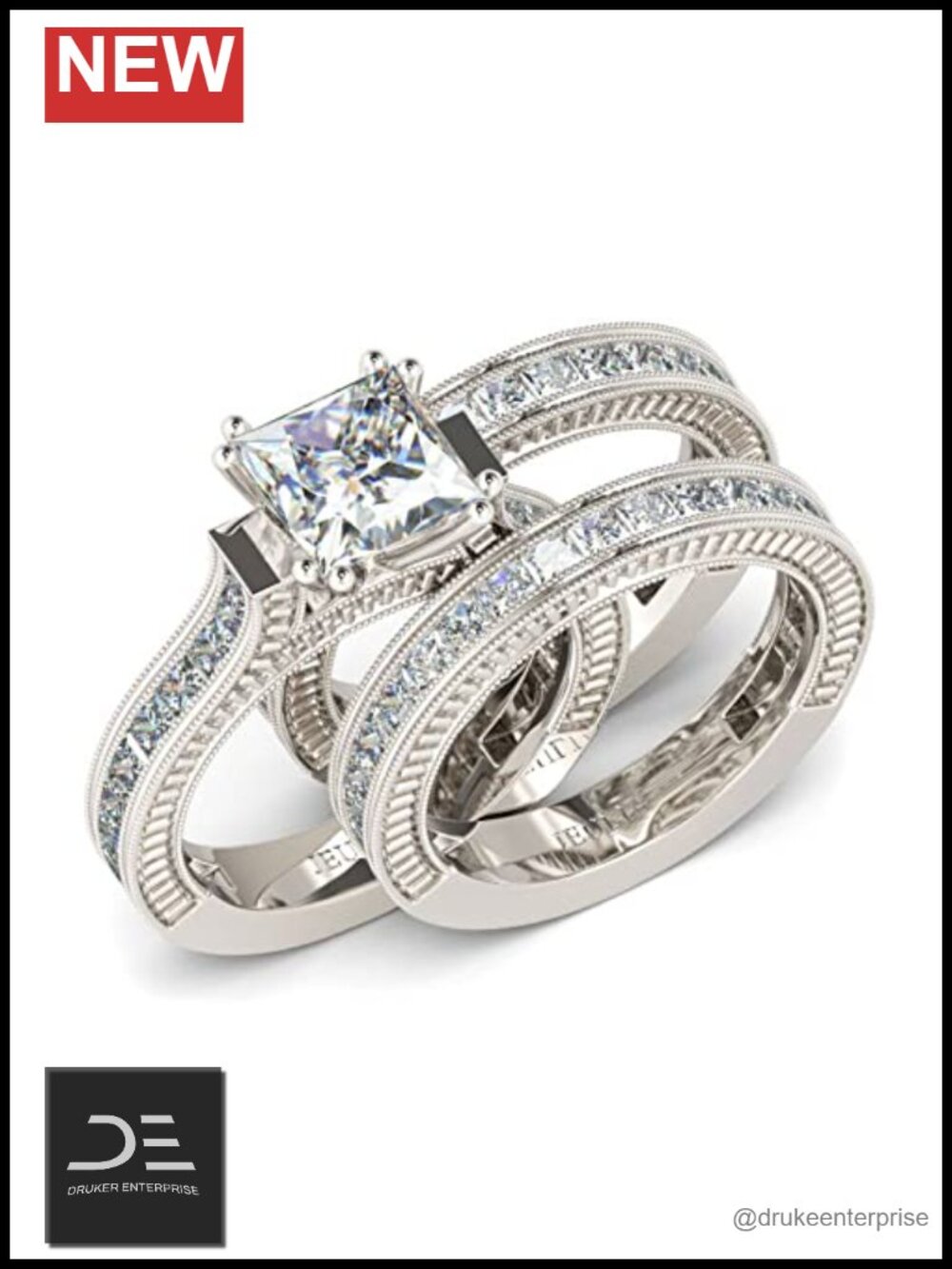 Sterling Silver 3-Piece Bridal Ring Set Princess Cut Halo Engagement Wedding